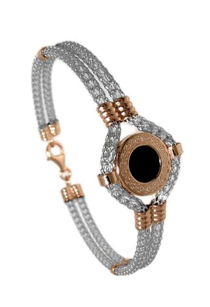pulsera de plata bicolor motivo central piedra negra precio muy barato joyeria online
