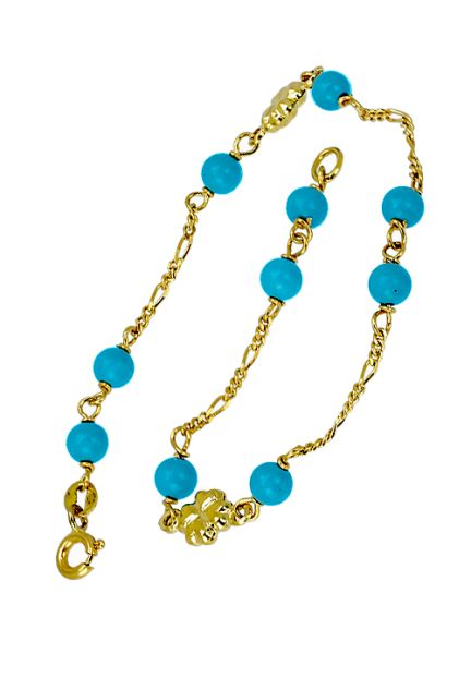 pulsera niña de oro amarillo 1ª ley 18 kilates 750 milesimas con bolas de turquesa y entrepiezas en forma de flor