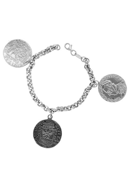 pulsera de plata cadena eslabones rolo con 3 monedas antiguas colgando 200_10173-1