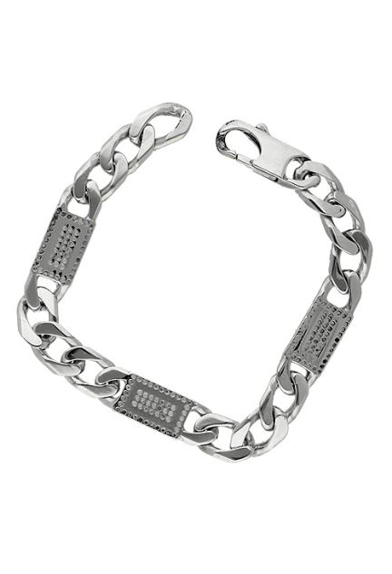 pulsera de plata para hombre cadena barbada con entrepiezas punteadas vista cenital 200_L10148-2