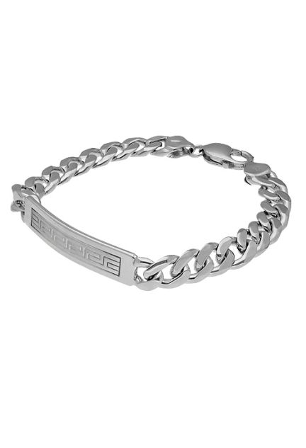 Pulsera de plata para hombre, cadena de eslabones macizos con chapa para grabar por su parte trasera y una greca clásica grabada en su parte delantera vista online 200_L10148_01