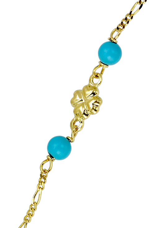 Pulsera para mujer, oro 18K y trébol suerte y turquesas en cadena eslabón combinado. 041_TURQUESA-FLOR pulsera de niña con bolas de turquesa y entrepiezas en forma de flory cierre tipo reasa