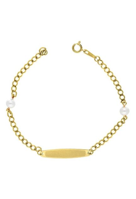 pulsera bebe con chapa para grabar y perlas cultivadas realizada en oro amarillo de 18 kilates