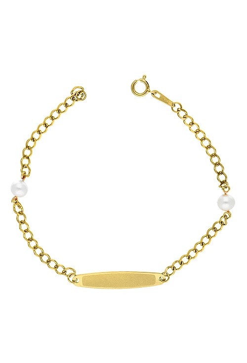 pulsera bebe con chapa para grabar y perlas cultivadas realizada en oro amarillo de 18 kilates
