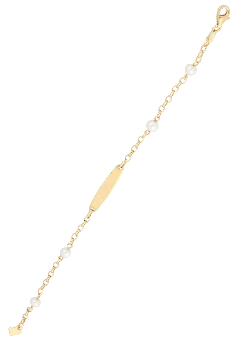 Pulsera oro 1ª Comunión. 045_48306148 pulsera oro amarillo 18 kilates primera comunion con perlas cultivadas chapa para grabar pulsera completa