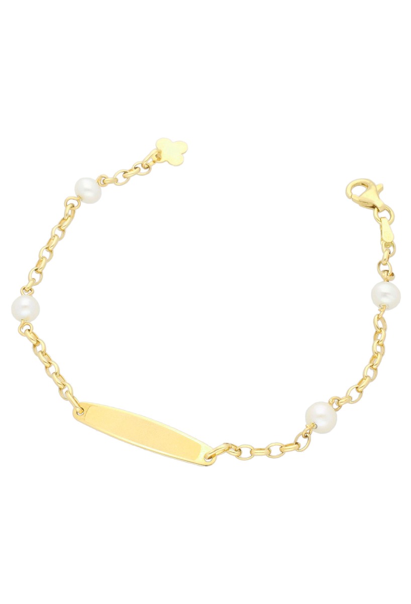 Pulsera oro 1ª Comunión. 045_48306148 pulsera oro amarillo 18 kilates primera comunion con perlas cultivadas chapa para grabar pulsera frontal
