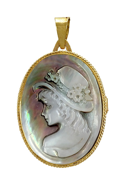 Colgante oro guardapelos con camafeo nácar gris relicario oro amarillo 18k y nacar camafeo o portafotos 085_0112337