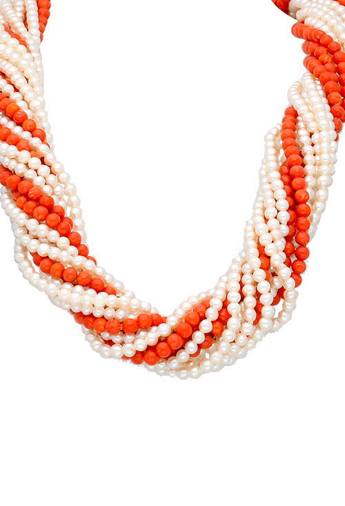 Collar trenzado perlas cultivadas y corales. Broche oro 18 ktes. 083_4C-BP