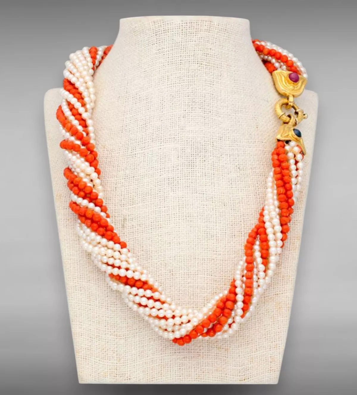 Collar de perlas y corales "AFRODITA" collar 12 hilos perlas y corales con broche de super lujo