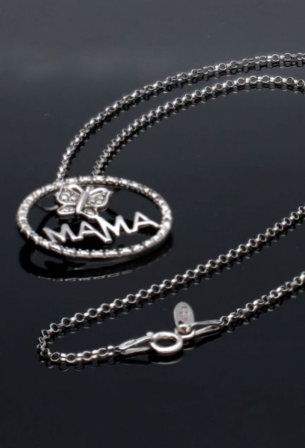 gargantilla plata ley cadena rolo motivo circular calado palabra mama y mariposa foto sin recortes para web