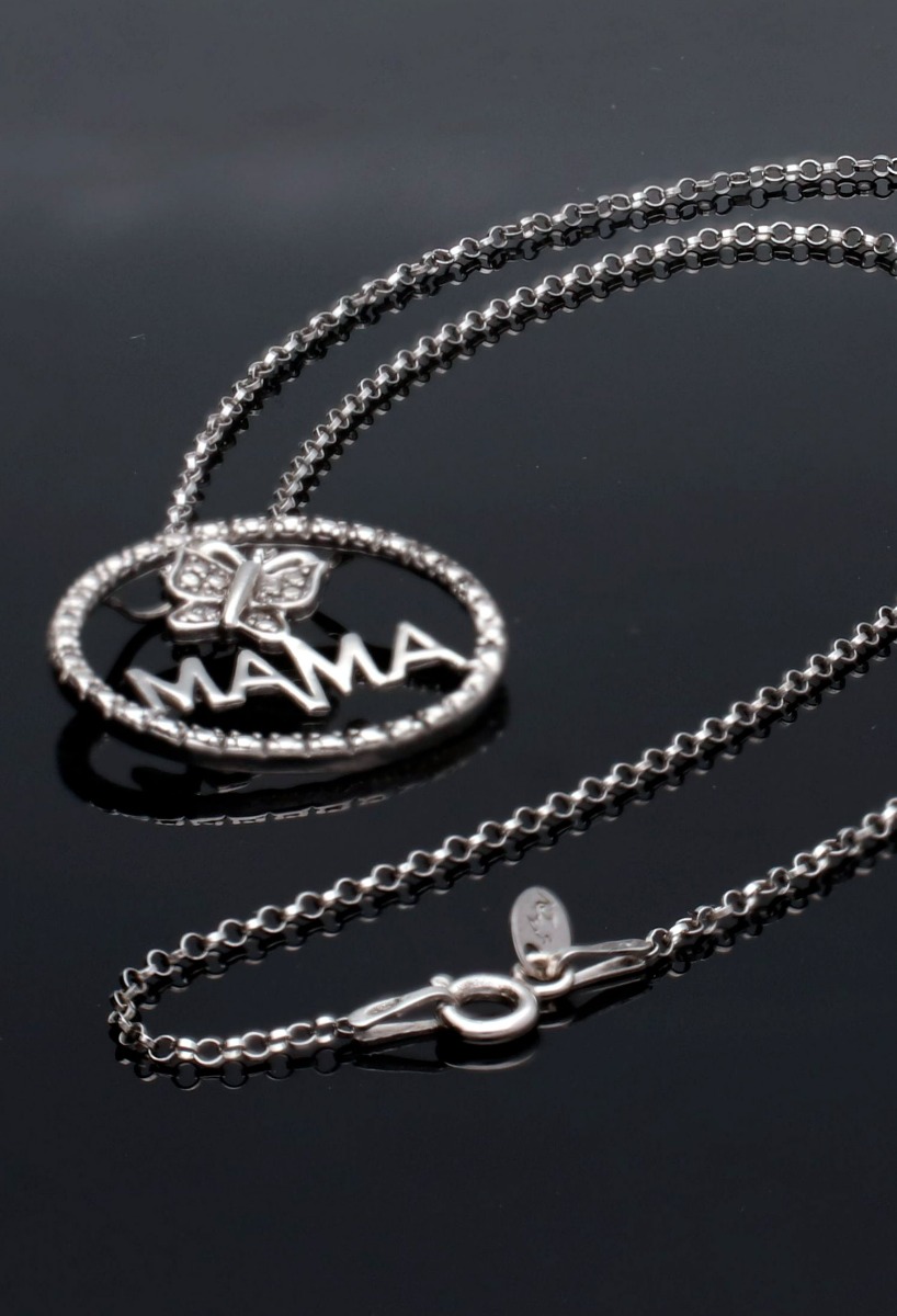 gargantilla plata ley cadena rolo motivo circular calado palabra mama y mariposa foto sin recortes para web