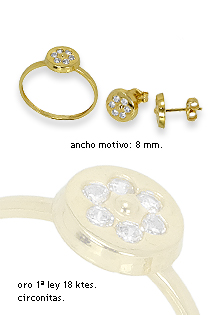 Sortija y pendientes a juego en oro amarillo de ley y circonita 085_13768 Conjunto oro 1ª ley 750 mmas. (18 k.) pendientes y sortija rfcia.085_13768