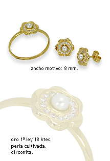 Pendientes y sortija a juego en oro amarillo de ley perlas y circonita 085_13770 Conjunto oro 1ª ley 750 mmas. (18 k.) pendientes y sortija rfcia.085_13770