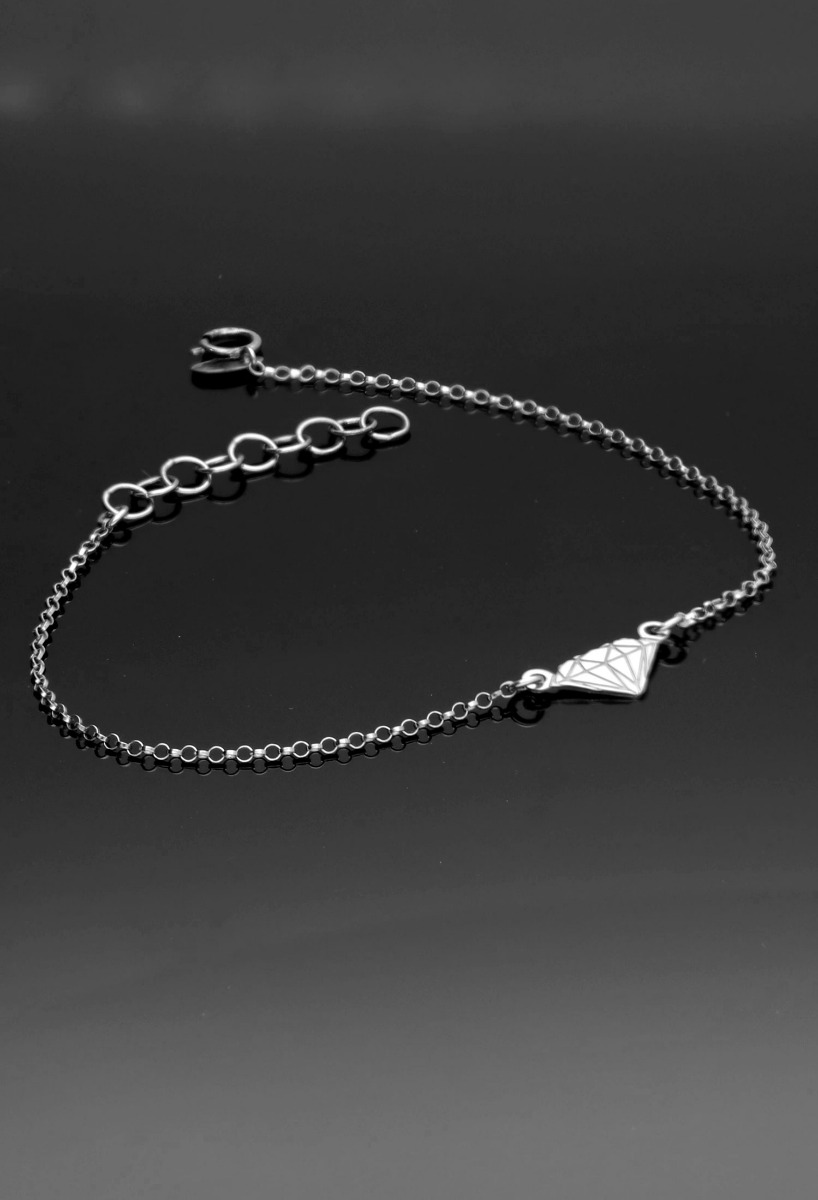 pulsera plata cadena rolo con motivo central forma de brillante