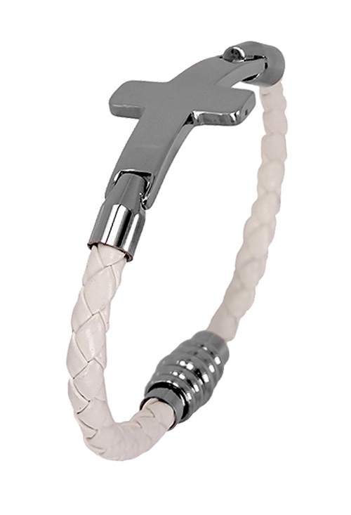 Pulsera para hombre en acero y cuero blanco. 037_0202-16-B pulsera-de-hombre-motivo-cruz-latina-de-acero-t-piel-color-blanco-037_0202-16-B