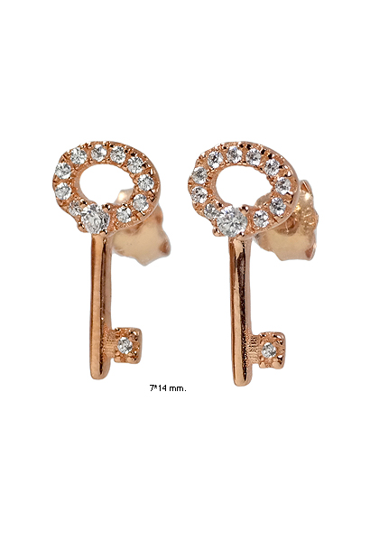 Pendientes Kondra de plata en forma de llave bañado en oro rosa con circonitas 218_EH080R00 Pendientes plata ley aretes con piedras rfcia.218_EH080R00