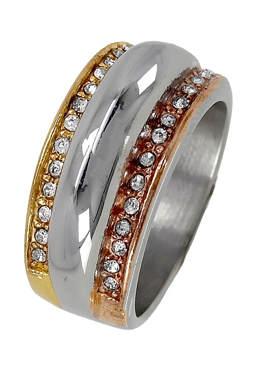 Anillo en acero tricolor con circonitas 276_A2294 Anillo para mujer realizado en acero tricolor con circonitas en galería joyas de mujer 276_A2294