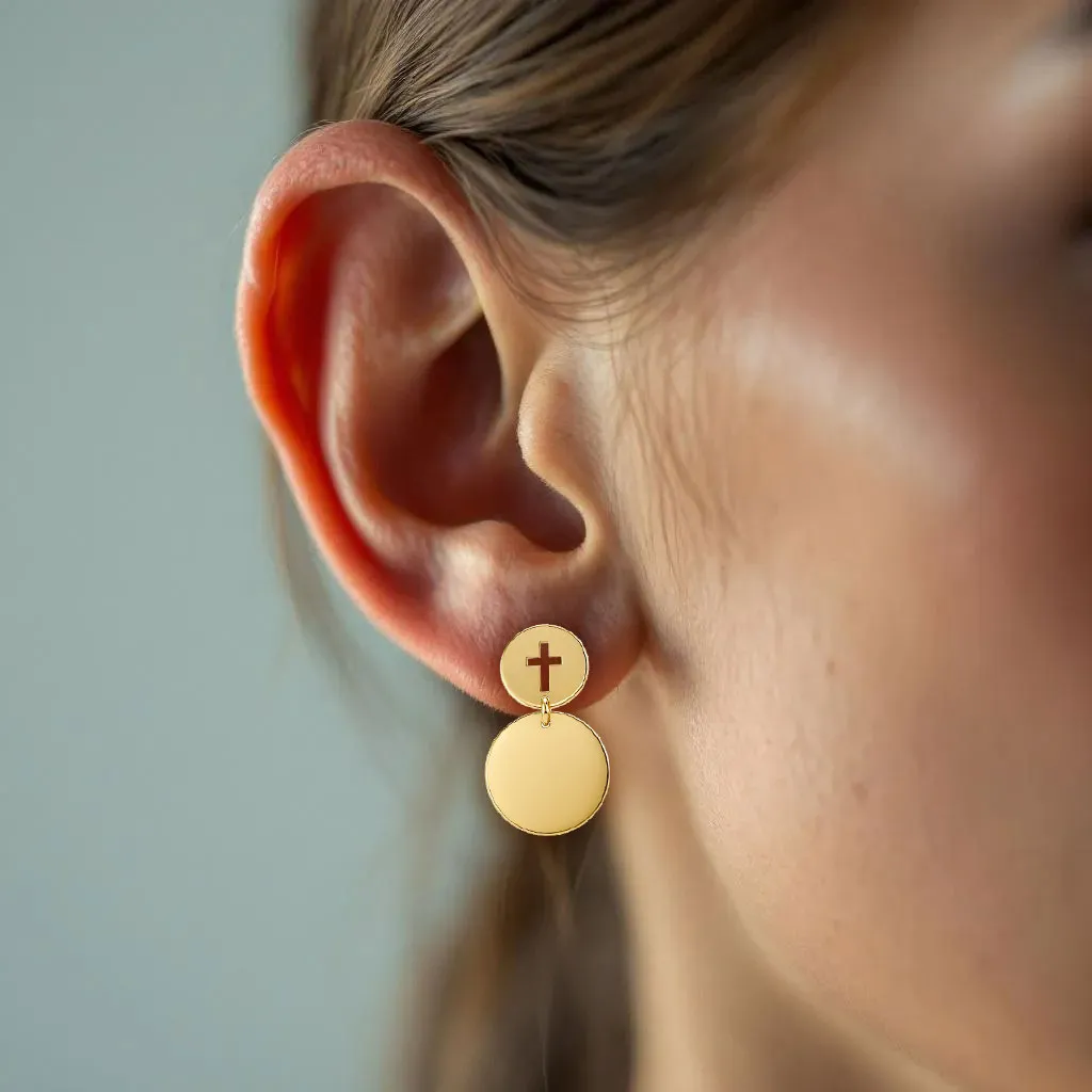 Pendientes de oro 18K discos y cruz 030_EC-69 pendientes de oro discos y cruz calada 030_EC-69 medidas