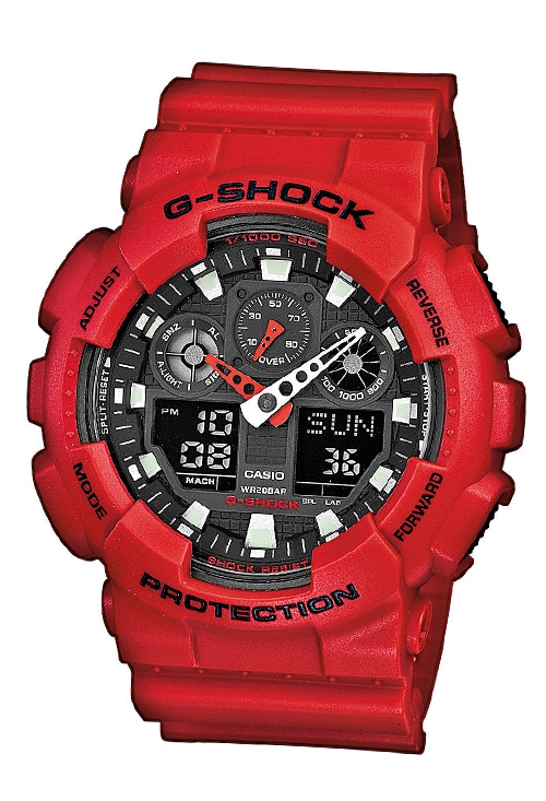 Reloj Casio G-Shock rojo analógico digital hora universal 075_GA-100B-4AER
