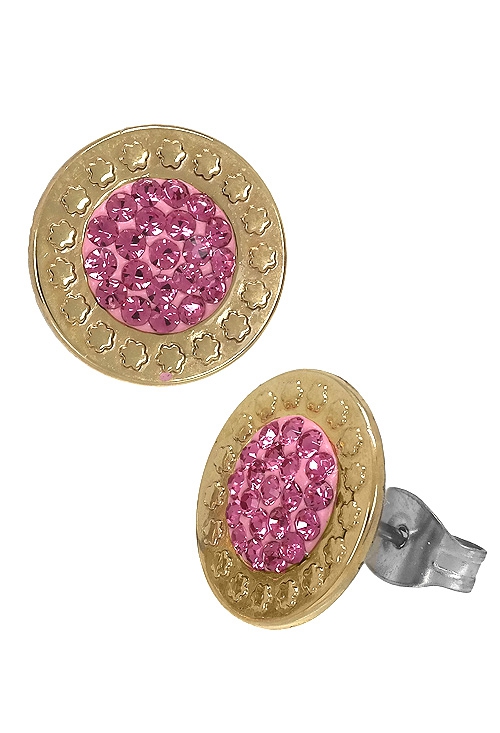 pendientes acero y oro con cristales color rosa 094_61399-PTGR-2