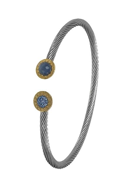 pulsera acero y oro rígida con topes circulares encarados y piedras azules 094_61433-P2P-3