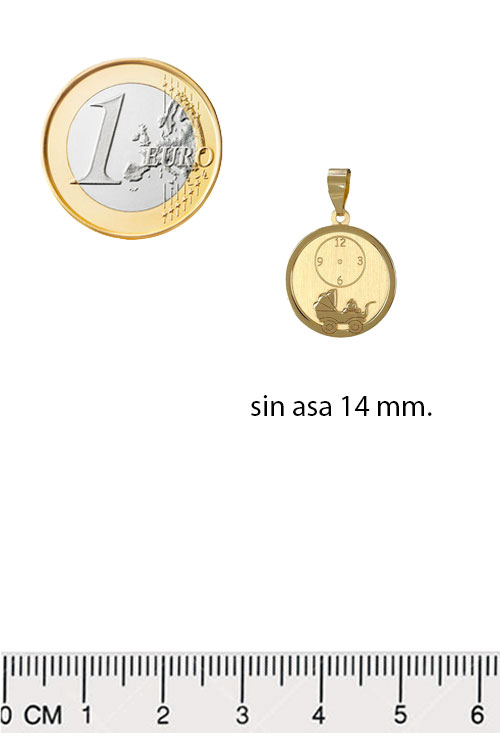 Colgante oro 18K disco con reloj y cochecito de bebe 243_000-06759 medalla del reloj con cochecito oro 18 ktes 243_000-06759 foto con medida comparada