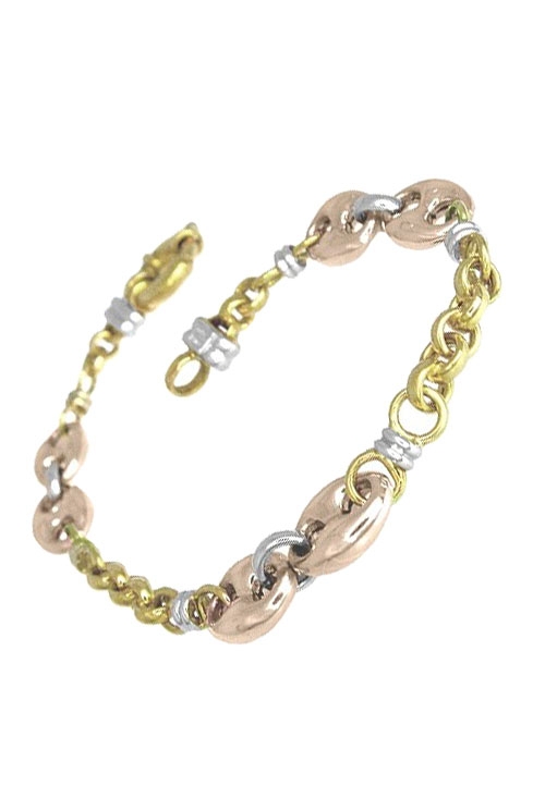 Pulsera de oro con eslabones combinados. oro tricolor 038_LO-014-17MY02 Pulsera de oro con eslabones combinados, oro tricolor 038_LO-14-17MY02