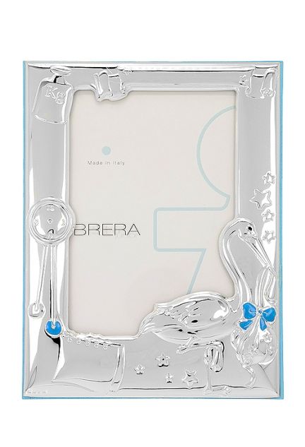 Marco de fotos plateado motivo cigüeña con adornos en azul regalo para nacimientos y bautizos a precios baratos 088_005815-C