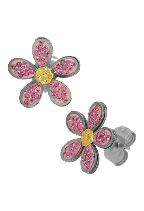 pendientes acero forma flor con cristales rosas 094_51195-PTGR-R