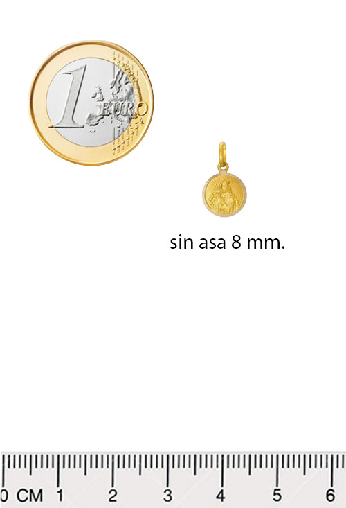 Medalla escapulario religioso "lenteja" Sagrado Corazón y Virgen del carmen 011_ESCB8 medalla oro escapulario tamaño lenteja vista medida comparada