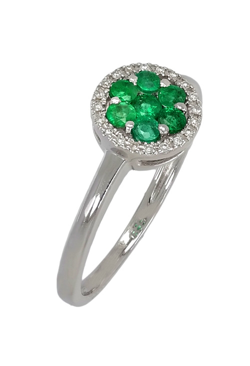 Sortija mujer de oro blanco ley 18 ktes con diamantes y esmeraldas 289_6667588SFE anillo esmeraldas y diamantes orla redonda vista lateral 289_6667588SFE_01