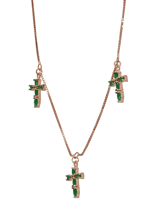Gargantilla plata chapada 3 cruces piedras verdes 295_PVOL74408 gargantilla plata chapada en rosa con 3 cruces de cuarzos verdes color esmeralda 295_PVOL74408_01