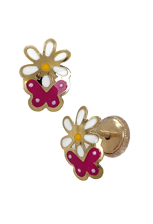 Pendientes oro 9 ktes para niña flor y mariposa 292_9K14-911-Z0009 pendientes oro amarillo 9 ktes esmaltado en colores flor y mariposa vista cierre 292_9K14-911-Z0009_01