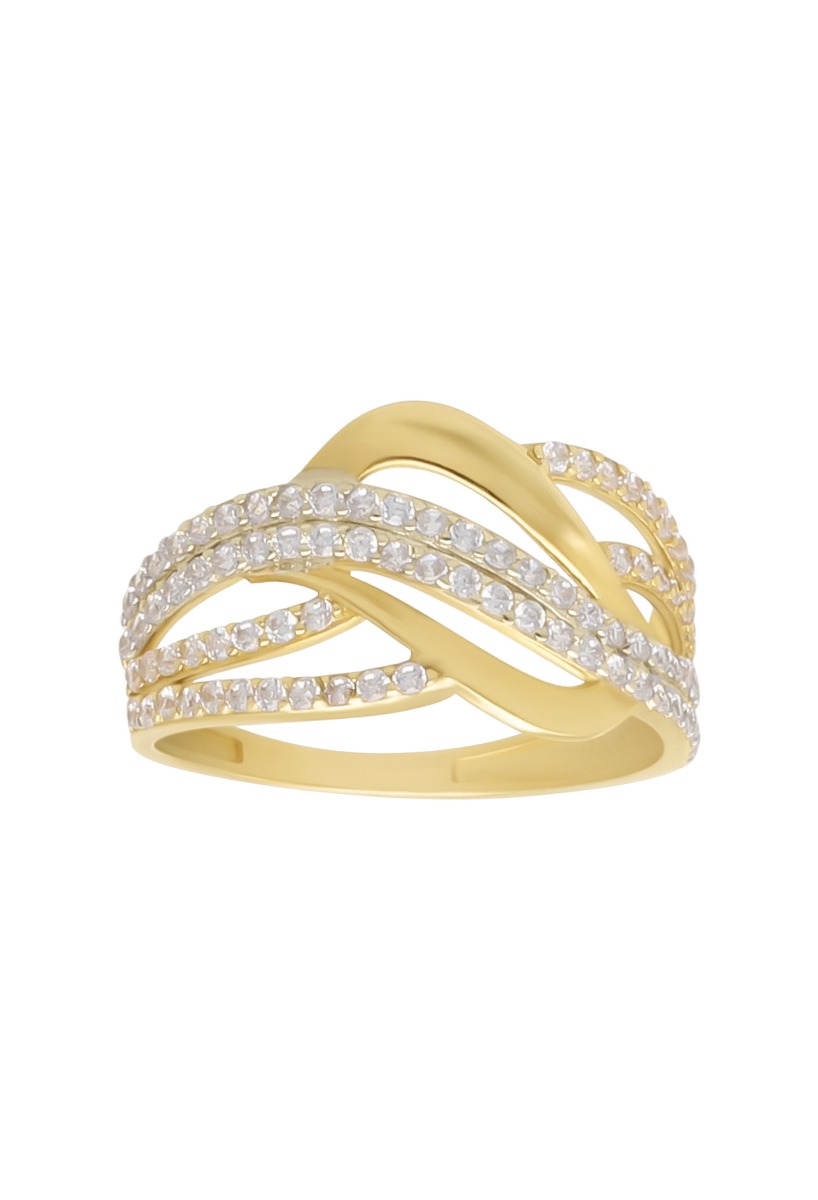Anillo oro bicolor con galerías de circonitas 243_477-00618 sortija oro bicolor 18 ktes con galerias entrecruzadas forma de trenza vista frontal 243_477-00618