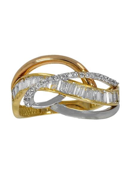 anillo oro tricolor 18 kilates con circonitas diseño muy sinuoso vista frontal 243_177-00605