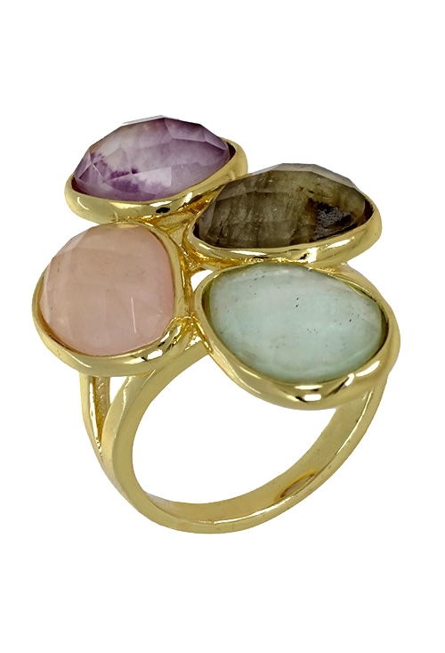 Diseño de alta joyería en plata chapada, sortija para mujer realizada en plata chapada y con cuarzos facetados de diferentes clases y colores vista oblicua