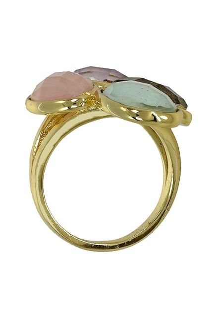 Diseño de alta joyería en plata chapada, sortija para mujer realizada en plata chapada y con cuarzos facetados de diferentes clases y colores vista vertical