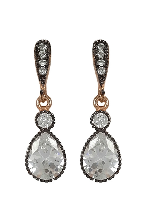 pendientes largos de plata chapada en rosa con rodio negro y circonitas vista frontal 295_PPBR34835