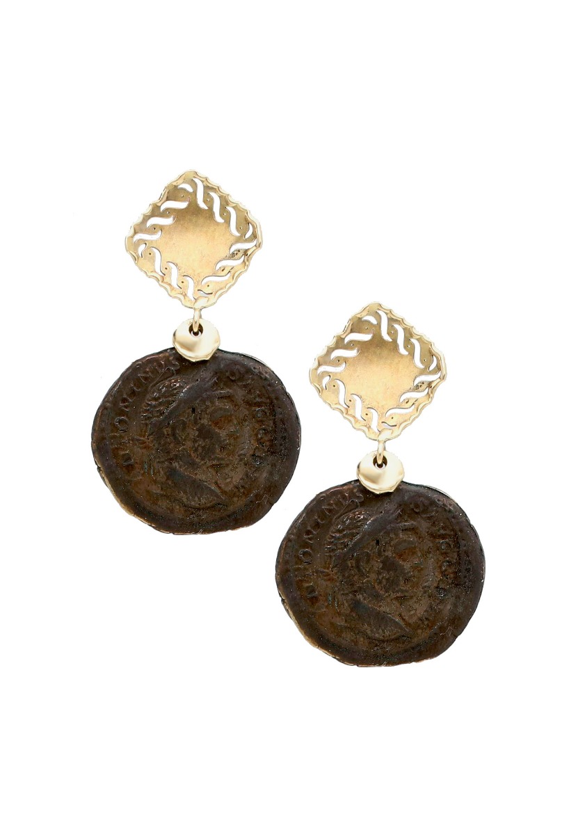 Pendientes de oro con moneda de bronce 095_446377 pendientes de moneda colgando de motivo oro descuento online vista frontal 095_446377