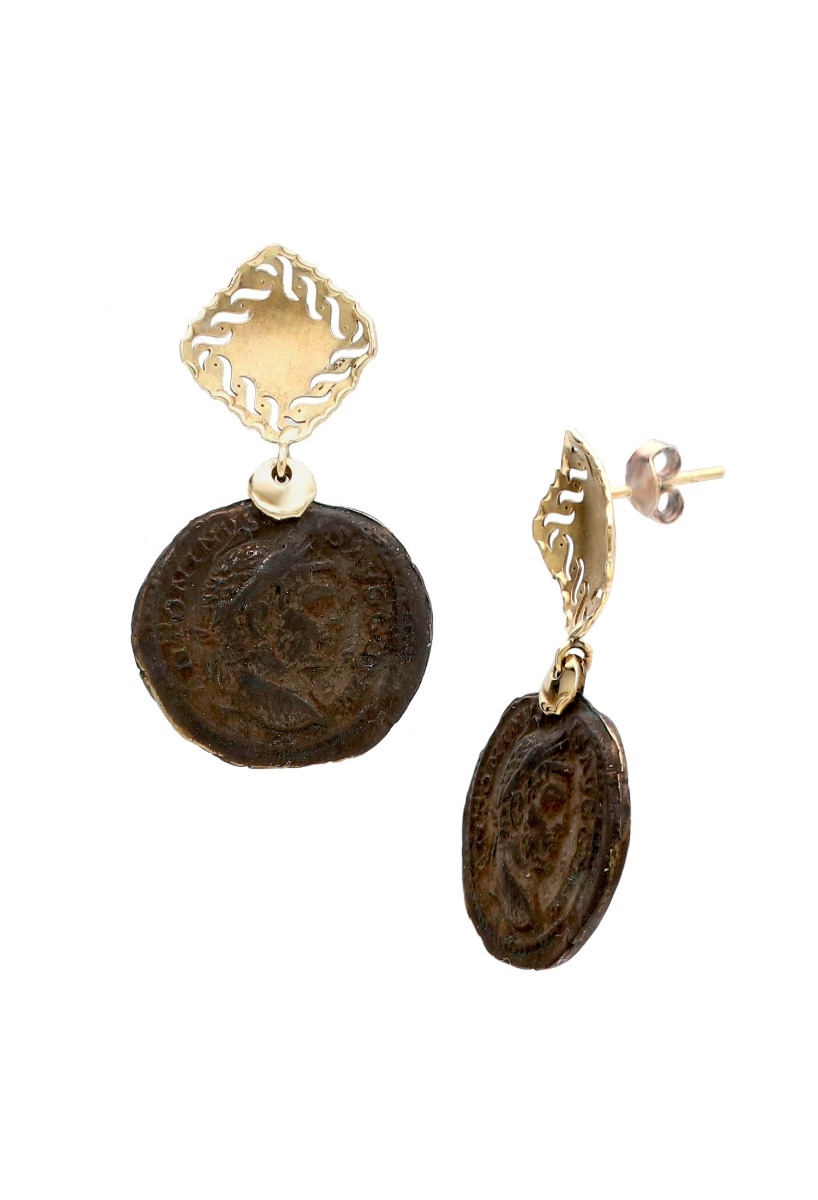 Pendientes de oro con moneda de bronce 095_446377 pendientes de moneda colgando de motivo oro descuento online vista lateral 095_446377_01