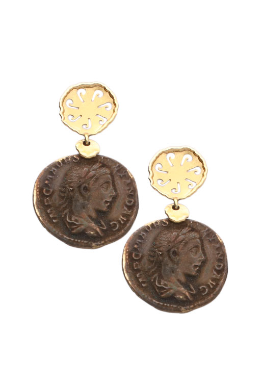 Pendientes de oro con moneda de bronce 095_446336 pendientes largos moneda de bronce y motivo de oro amarillo vista frontal 095_446336