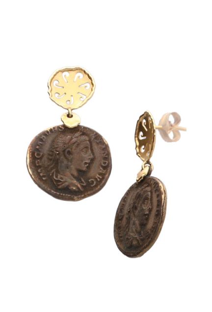 pendientes de oro amarillo 18 ktes con moneda de bronce antigua reproducion vista frontal y lateral