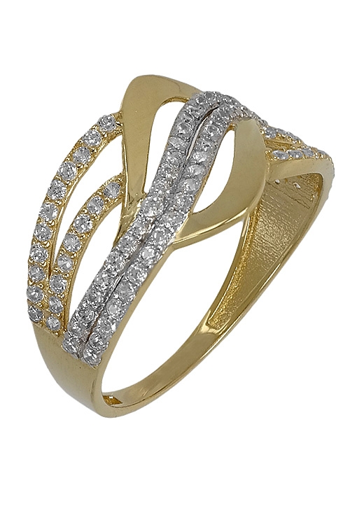 Anillo oro bicolor con galerías de circonitas 243_477-00618 sortija oro bicolor 18 ktes con galerias entrecruzadas forma de trenza vista lateral 243_477-00618_01