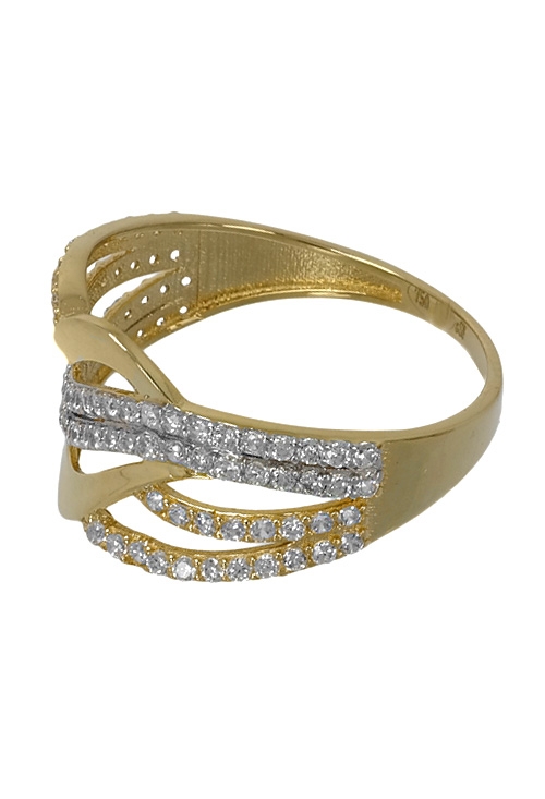 Anillo oro bicolor con galerías de circonitas 243_477-00618 sortija oro bicolor 18 ktes con galerias entrecruzadas forma de trenza vista tumbada 243_477-00618_02