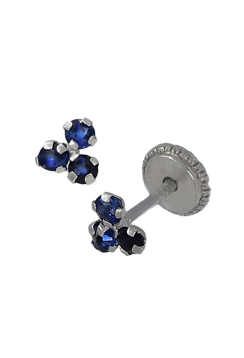 Pendientes oro blanco para niña o bebe 030_2437-A-B pendientes oro blanco y simil zafiro con forma de trebol foto para web el rubi joyeros toma de frente y de lado