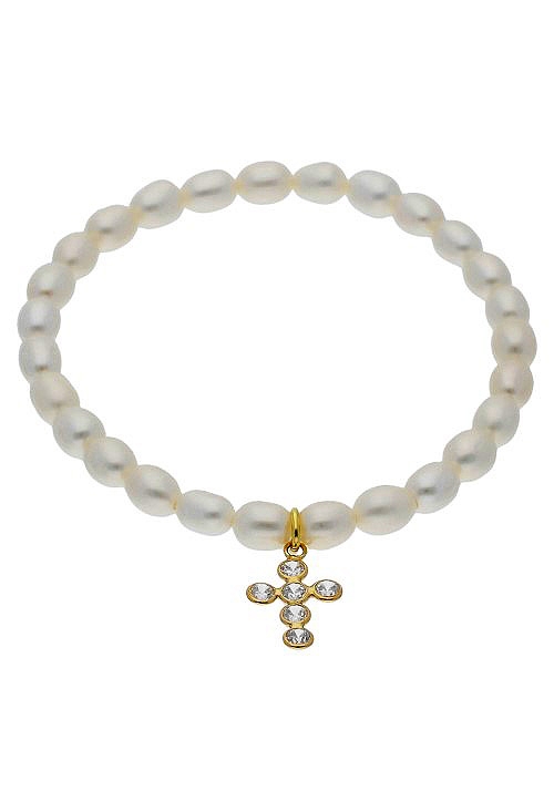 Pulsera perlas cultivadas con cruz de oro 030_2259-2 pulsera perlas cultivadas con cruz de oro amarillo y circonitas foto frontal 030_2259-2_01