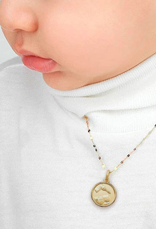 Medalla bautizo oro amarillo 18 kilates 045_1260468-14 medalla oro bautismo vista modelo bebe