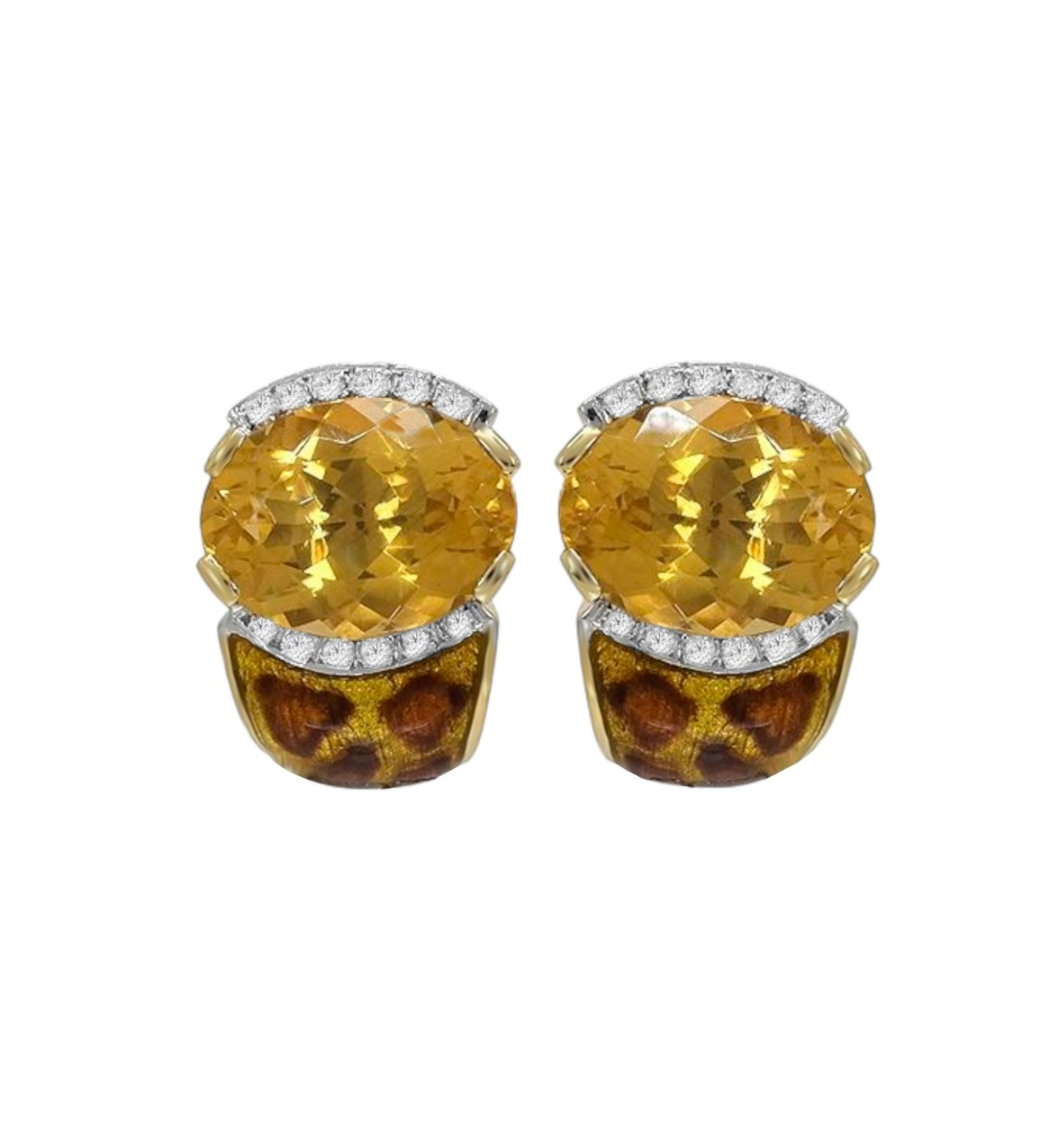 Pendientes oro y esmalte con citrinos y diamantes 111_5460 pendientes oro y diamantes esmalte a fuego piel de jaguar vista frontal 111_JAGUAR-PEN