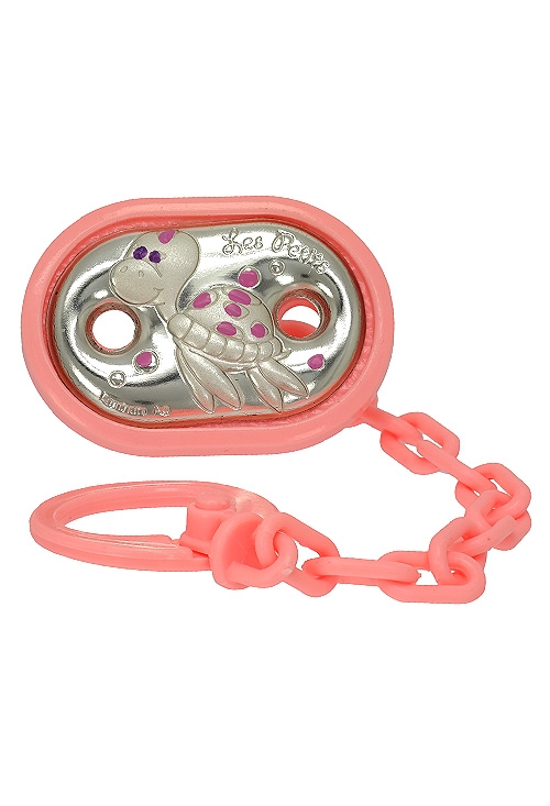 pinza para chupete color rosa indicado para niña adorno galapago en metal laminado en plata vista frontal 088_00B5497-R