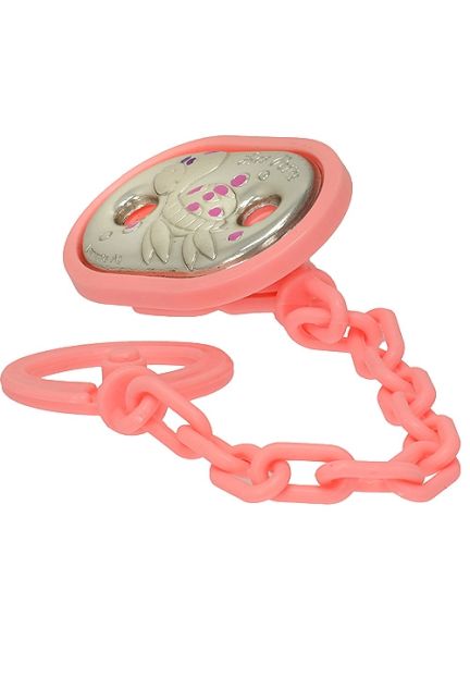 pinza para chupete color rosa indicado para niña adorno galapago en metal laminado en plata vista lateral 088_00B5497-R_01